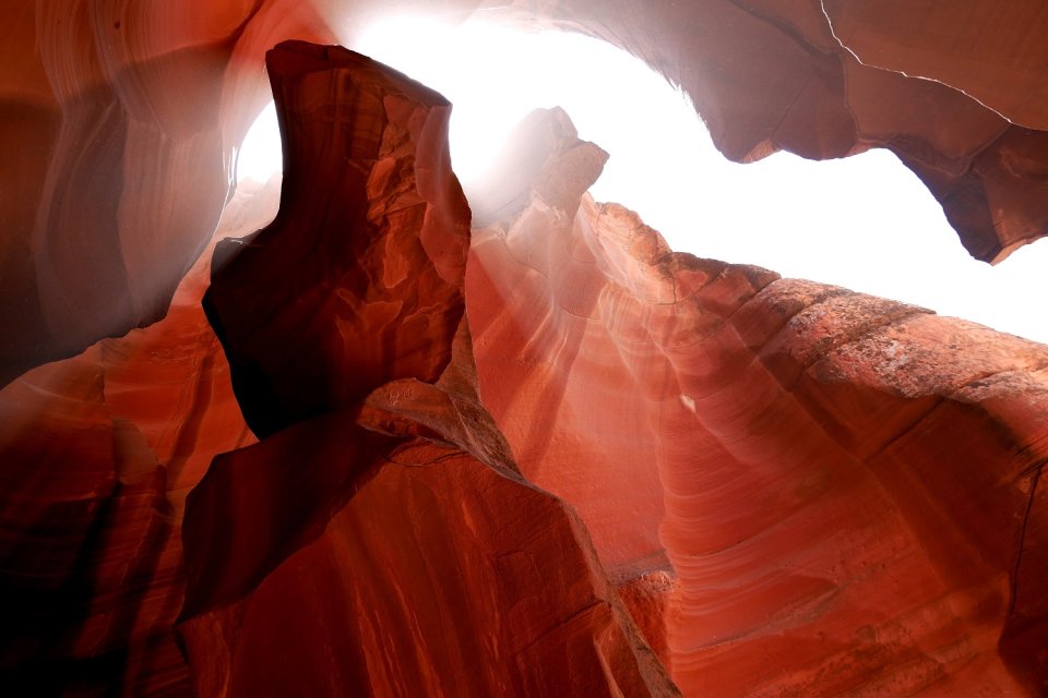 Light coming down through rocks in Antelope Canyon