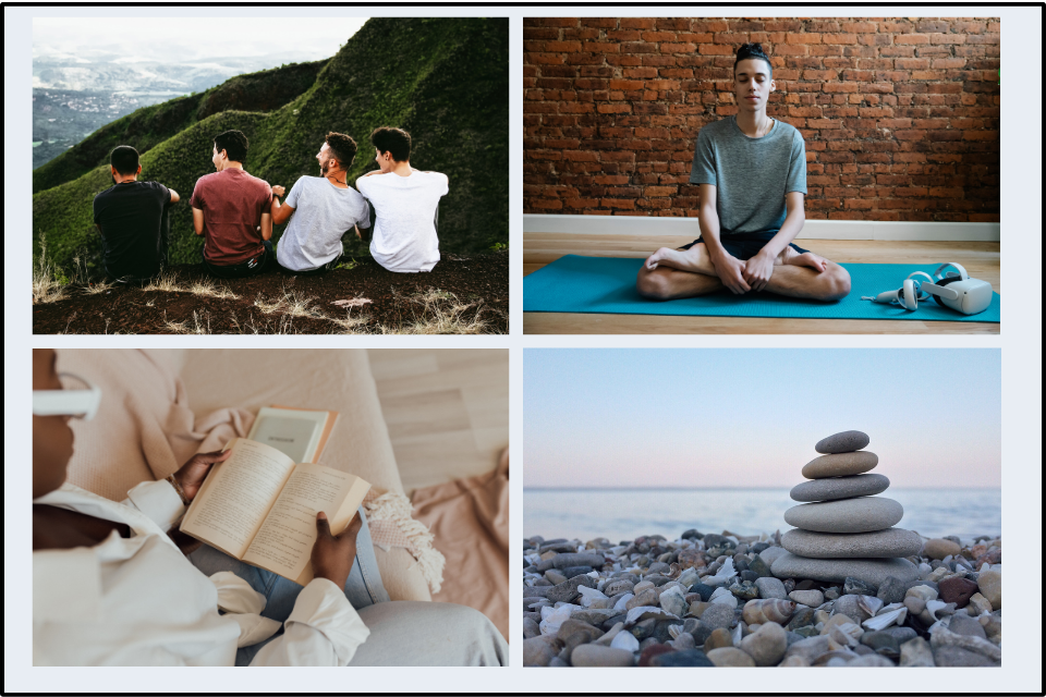 Collage of photos - men meditating, reading, hanging out outdoors